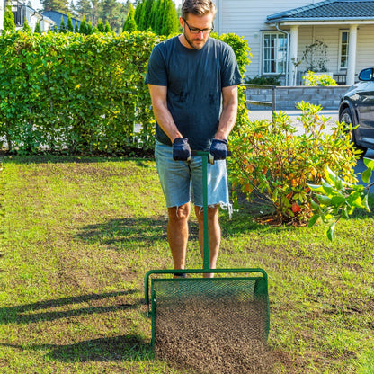 Compost Spreader, 24" Peat Moss Spreader with Height Adjustable T Shaped Handle and Metal Mesh Basket, Garden Spreader for Seeding, Spreading Manure