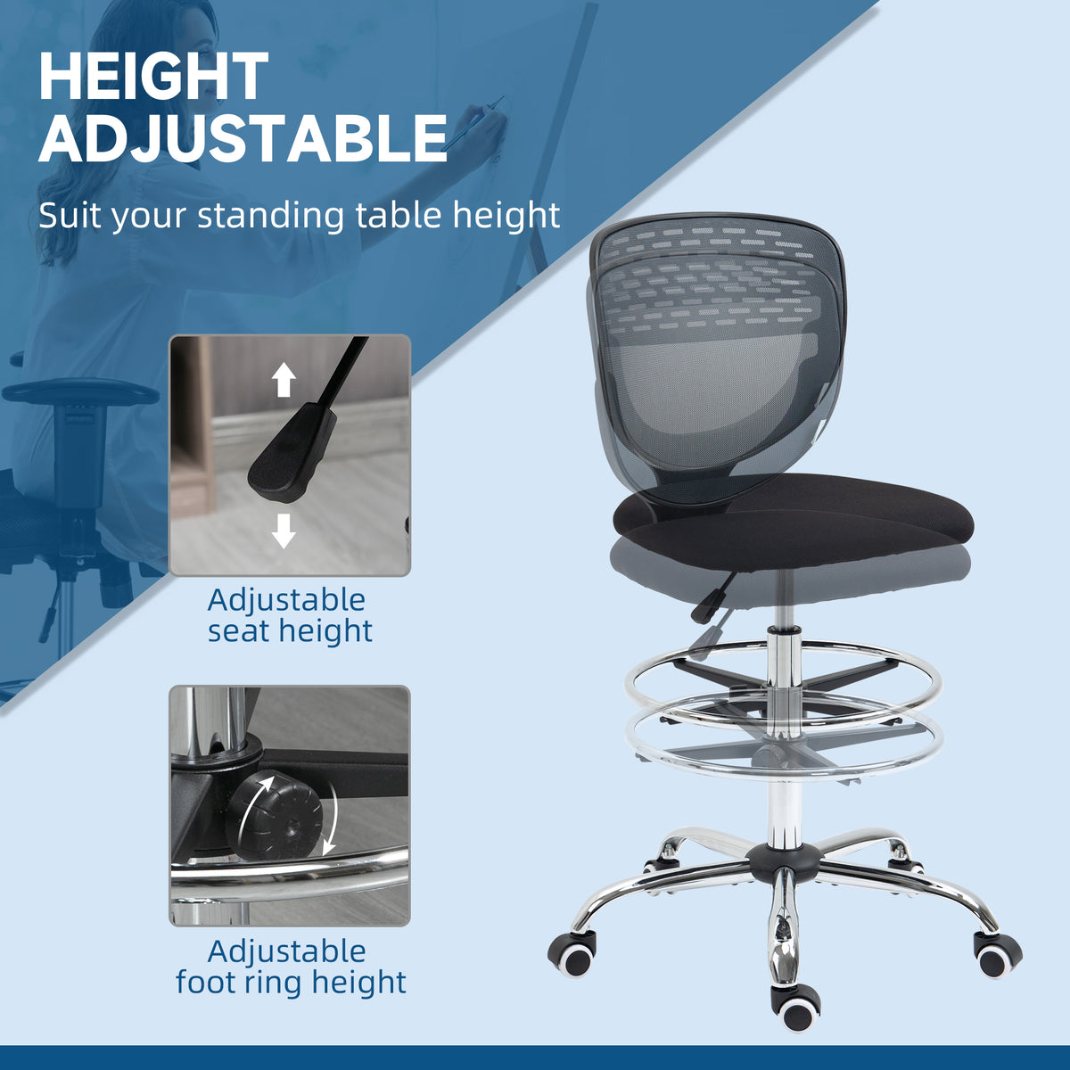 Drafting Chair, Swivel Office Draughtsman Chair, Mesh Standing Desk Chair with Adjustable Foot Ring, Armless, Grey