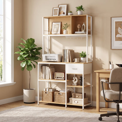 Kitchen Storage Rack with Power Outlet, USB and Type-C Ports, Drawer, Shelves and 4 Hooks, Oak and White