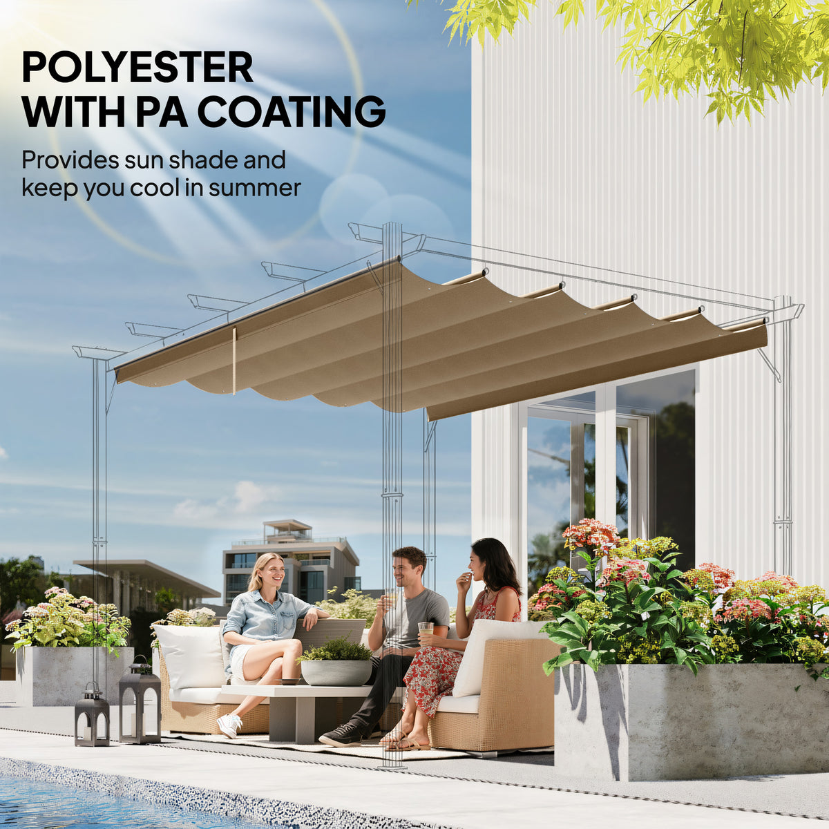 Retractable Pergola Cover, 2.55 x 2.5 m Replacement Canopy Fabric for 3 x 3 m Frame, Roof Top Only, Tan