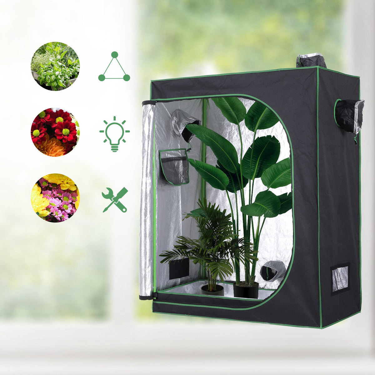 Grow Tent Reflective Mylar Hydroponic with Adjustable Vents and Floor Tray for Indoor Plant Growing, 120 x 60 x 150 cm (47" x 23.5" W x 59")