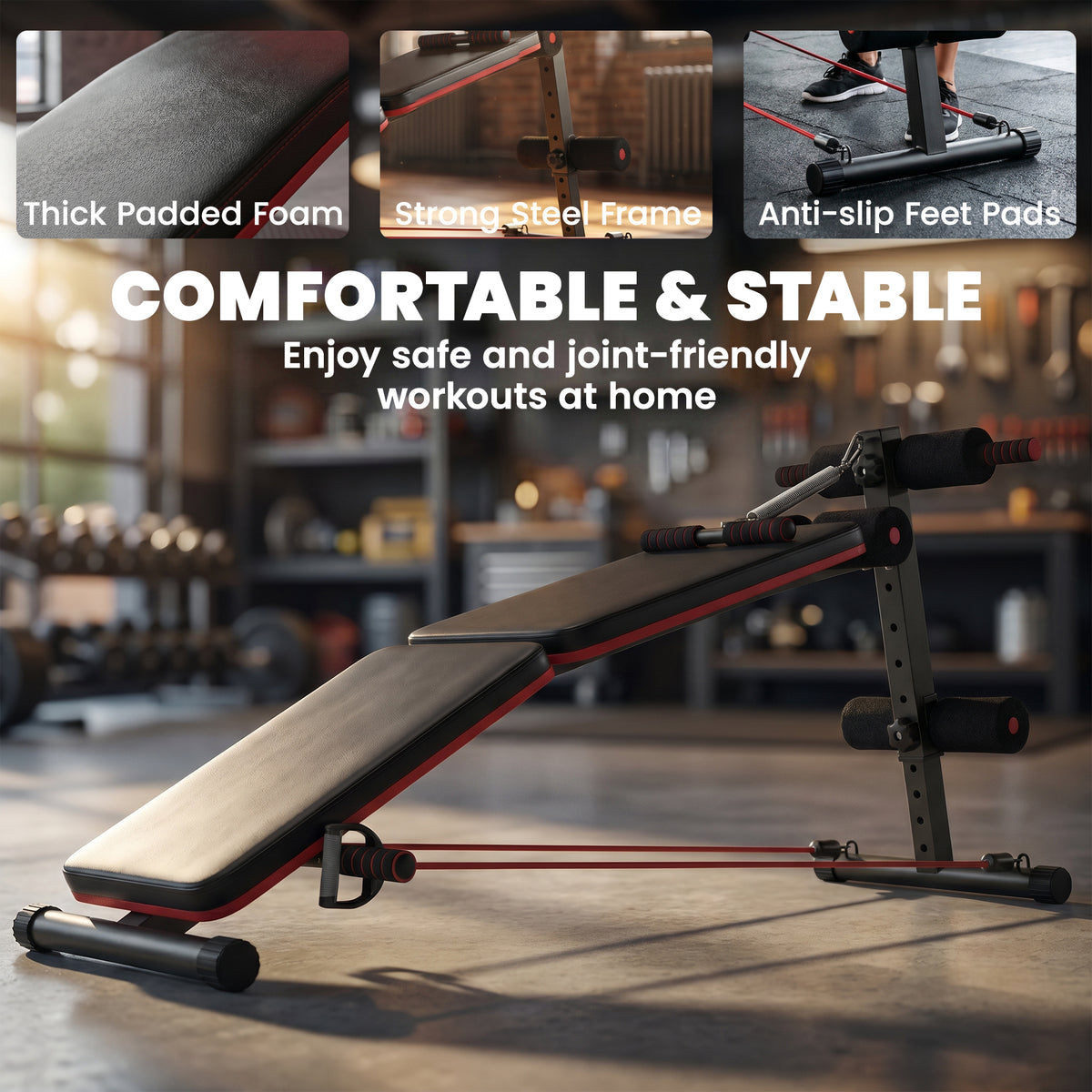 Foldable Sit Up Bench, Adjustable Abdominal Trainer with Resistance Bands, Padded Core Workout Bench for Home Gym Strength Training