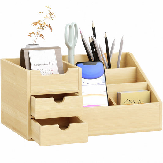 Desk Organiser Holder, Bamboo Multi-Function Storage Caddy with 7 Storage Compartments and 2 Drawers for Home Office Stationary Supplies, Natural Bamboo
