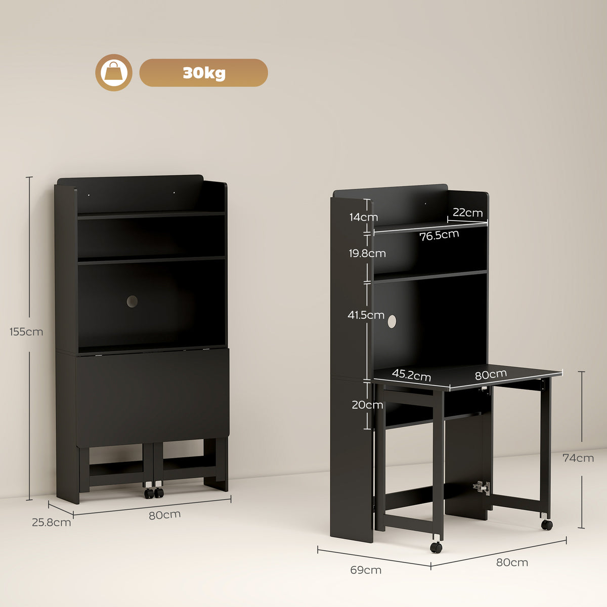 Foldable Desktop, Computer Desk with Storage Shelves, 80 x 69 x 155 cm, Black