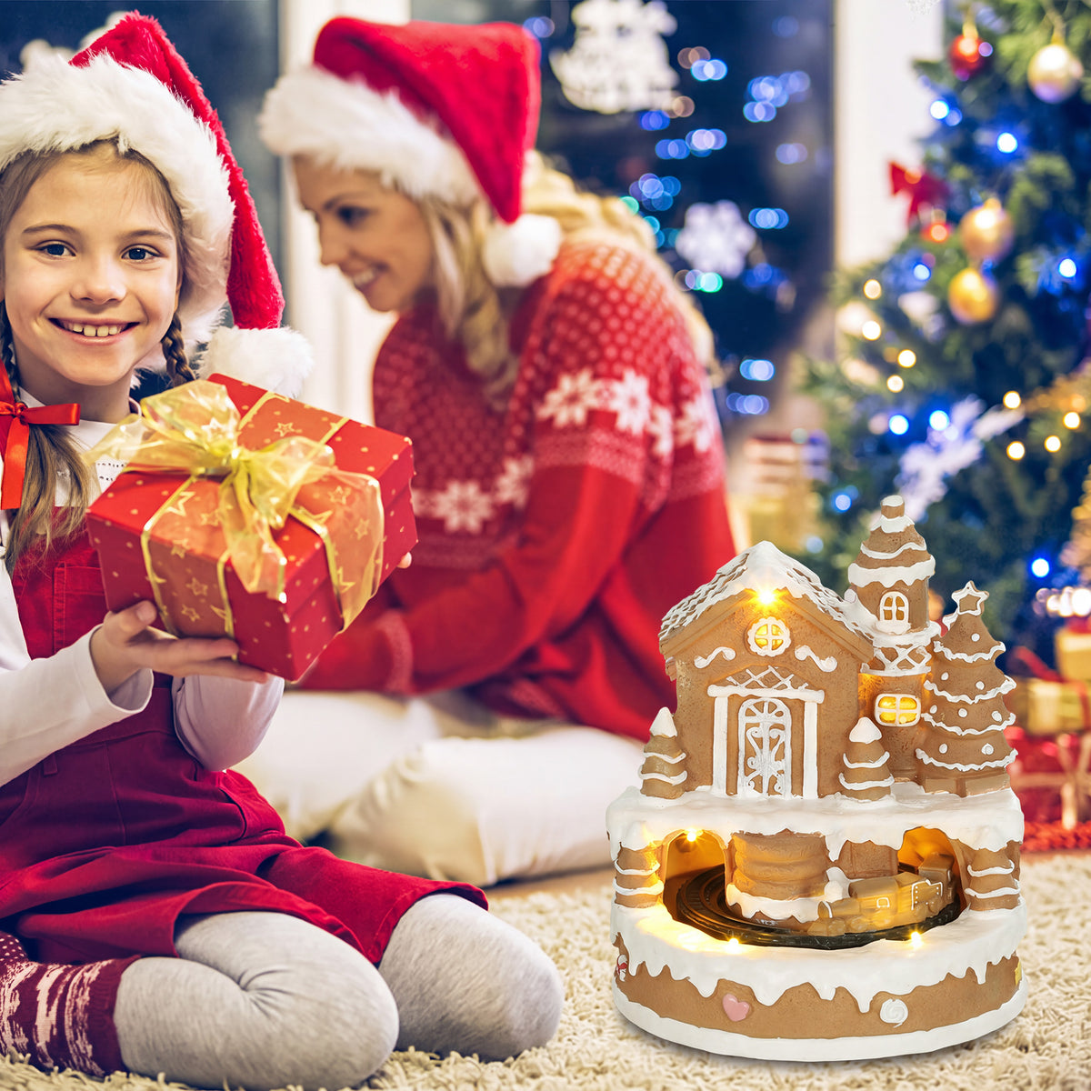 Christmas Gingerbread House, Lighted Musical Snow Village with Rotating Train, LEDs, Tunes, Battery Operated