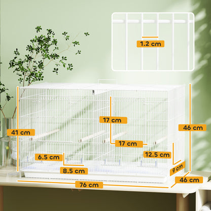 Bird Cage with Divider, 4 Wooden Perches, Slide Out Tray, 4 Feeders, for Budgie, Lovebird, Canary, 76 x 46 x 46cm, White