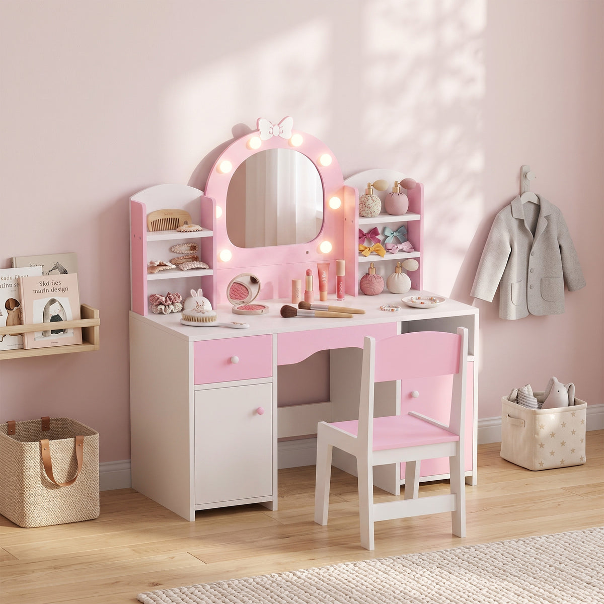 Kids Vanity Set, Kids Dressing Table with Stool, 2-Colour Lights Mirror, Cabinet, Drawer and Shelves, Pink