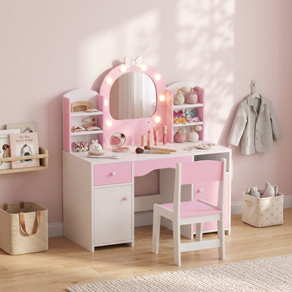 Kids Vanity Set, Kids Dressing Table with Stool, 2-Colour Lights Mirror, Cabinet, Drawer and Shelves, Pink