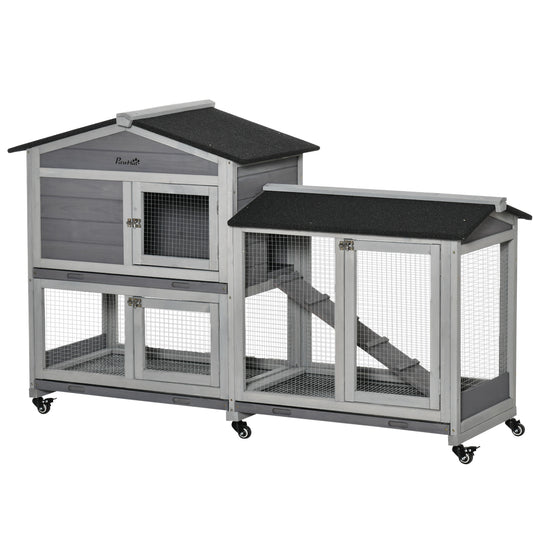 Wooden Rabbit Hutch, Guinea Pig Cage, with Wheels, Run, Slide-Out Tray