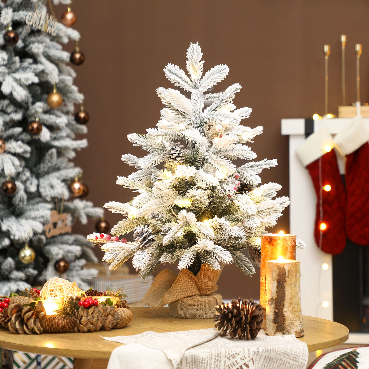 60 cm Prelit Small Christmas Tree with 35 LED Lights, Snow Flocked Tabletop Mini Xmas Tree with Pine Cones, Berry Clusters and Linen Cover Base, Battery Operated, Green