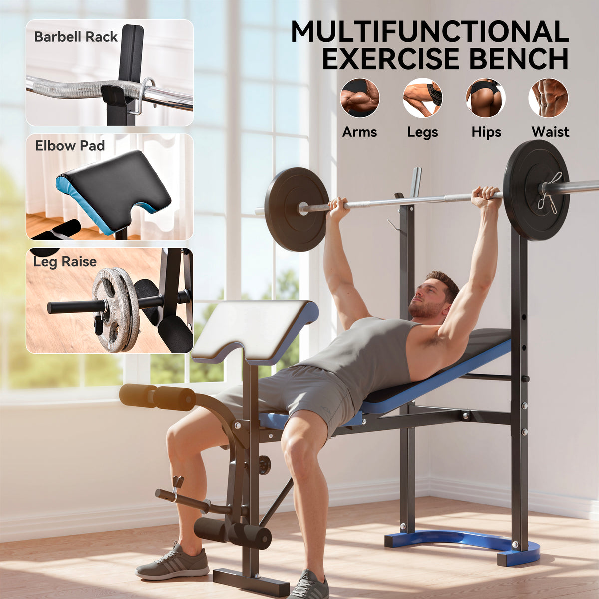 Adjustable Weight Bench with Leg Developer Barbell Rack for Lifting and Strength Training Multifunctional Workout Station for Home Gym Fitness, Black