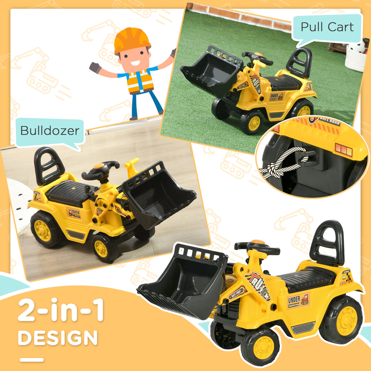Ride On Tractor, 3 in 1 Ride On Excavator Toy, Toddler Digger Bulldozer with Storage, Pretend Play Construction Truck, NO POWER for 18-48 Months, Yellow