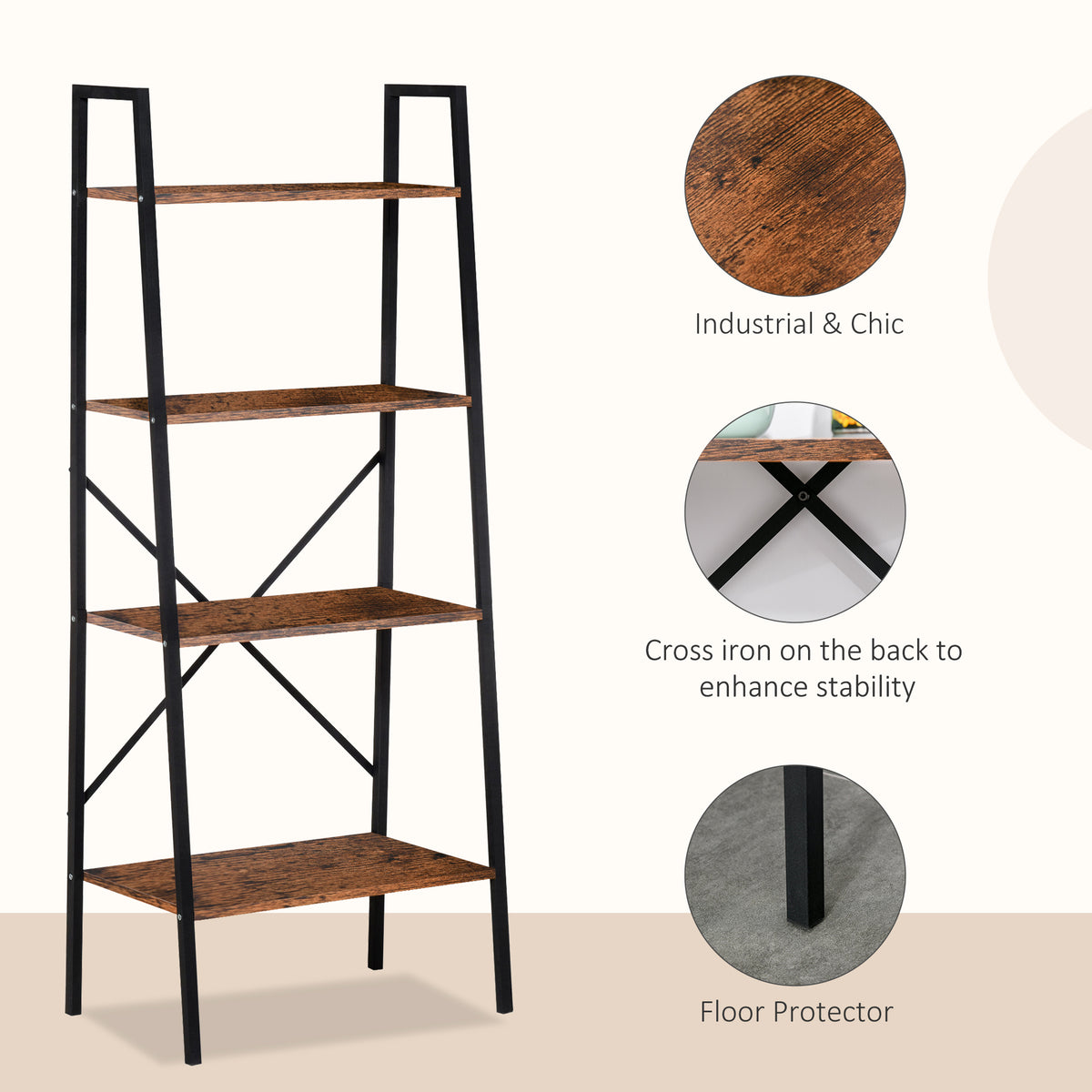Ladder Shelf, Bookshelf, 4-Tier Industrial Storage Rack for Living Room, Bedroom, Kitchen