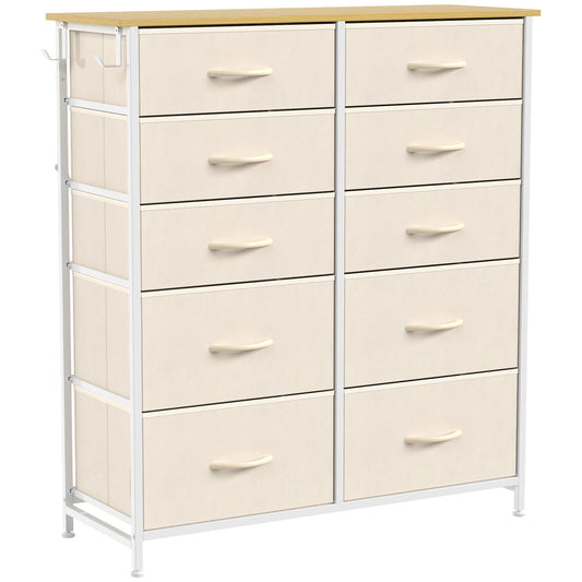 Chest of Drawers, Dresser with 10 Fabric Drawers, Tall Storage Unit with 4 Pockets and 2 Hooks Steel Frame, Beige