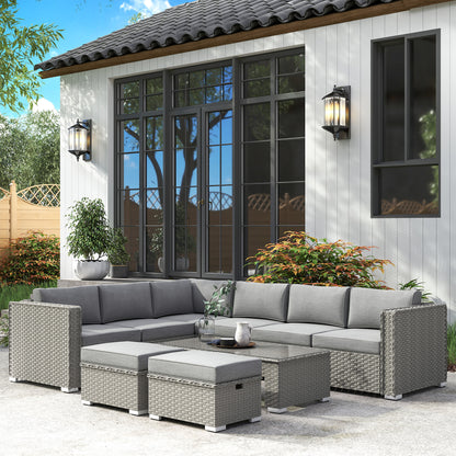 6 Pieces Outdoor PE Rattan Wicker Corner Sofa Set with Glass Top Coffee Table, Aluminium Conservatory Furnitur, Grey