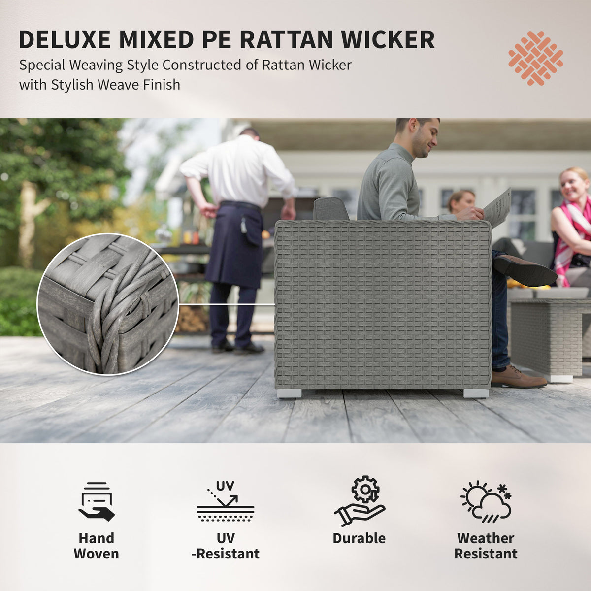 6 Pieces Outdoor PE Rattan Wicker Corner Sofa Set with Glass Top Coffee Table, Aluminium Conservatory Furnitur, Grey