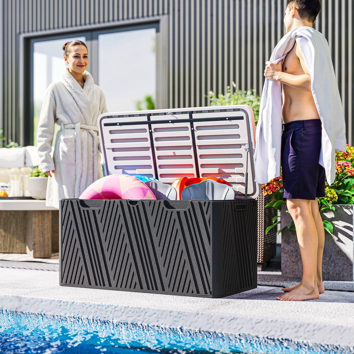380L Waterproof Outdoor Storage Box, with Lockable Lid - Black