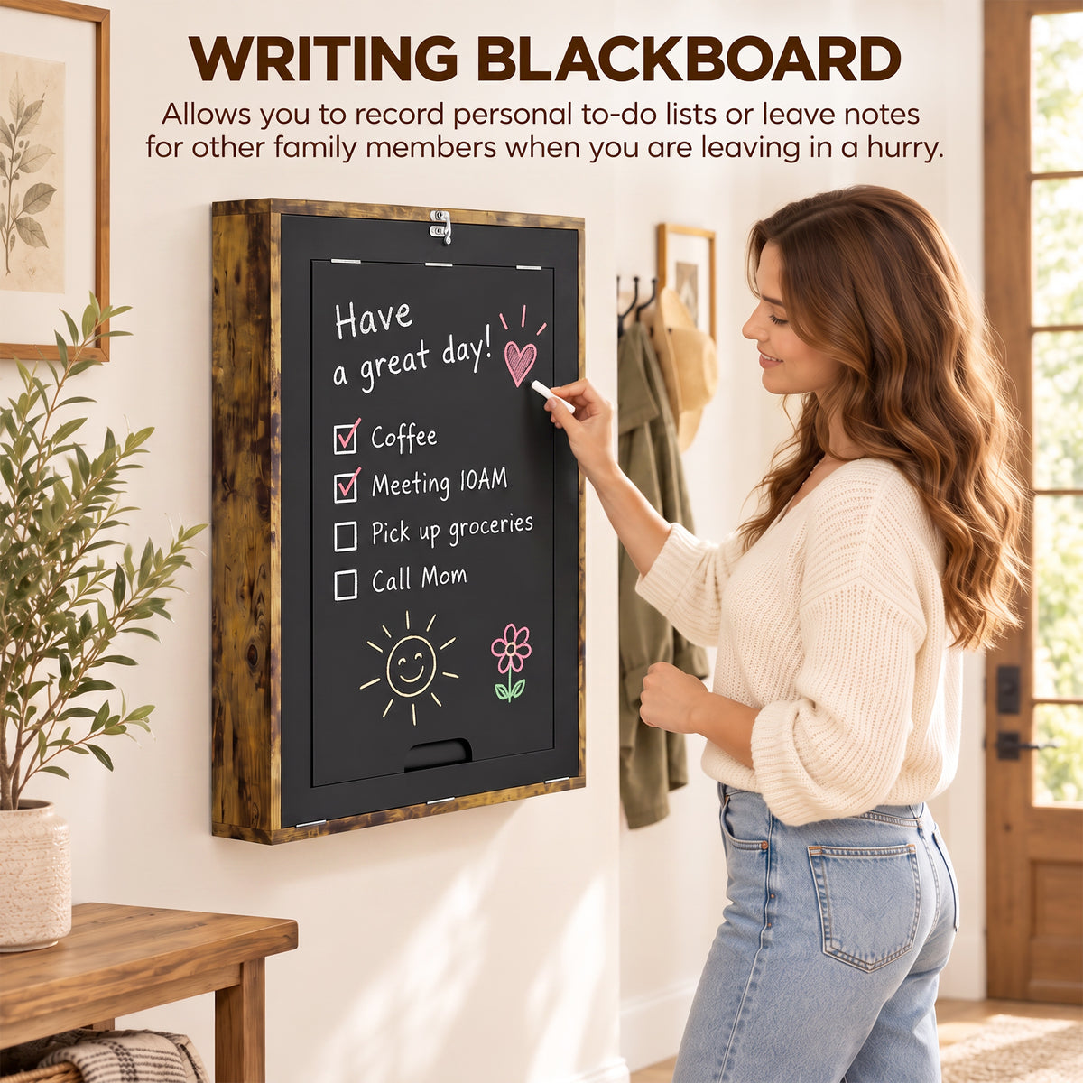Folding Wall-Mounted Drop-Leaf Table, Convertible Wall Table With Chalkboard and Storage Shelf, Rustic Brown