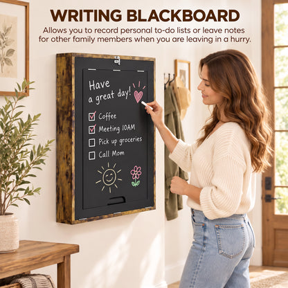 Folding Wall-Mounted Drop-Leaf Table, Convertible Wall Table With Chalkboard and Storage Shelf, Rustic Brown
