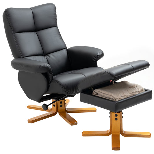 PU Leather Swivel Recliner Chair with Footstool, Wooden Base and Storage for Living Room, Black