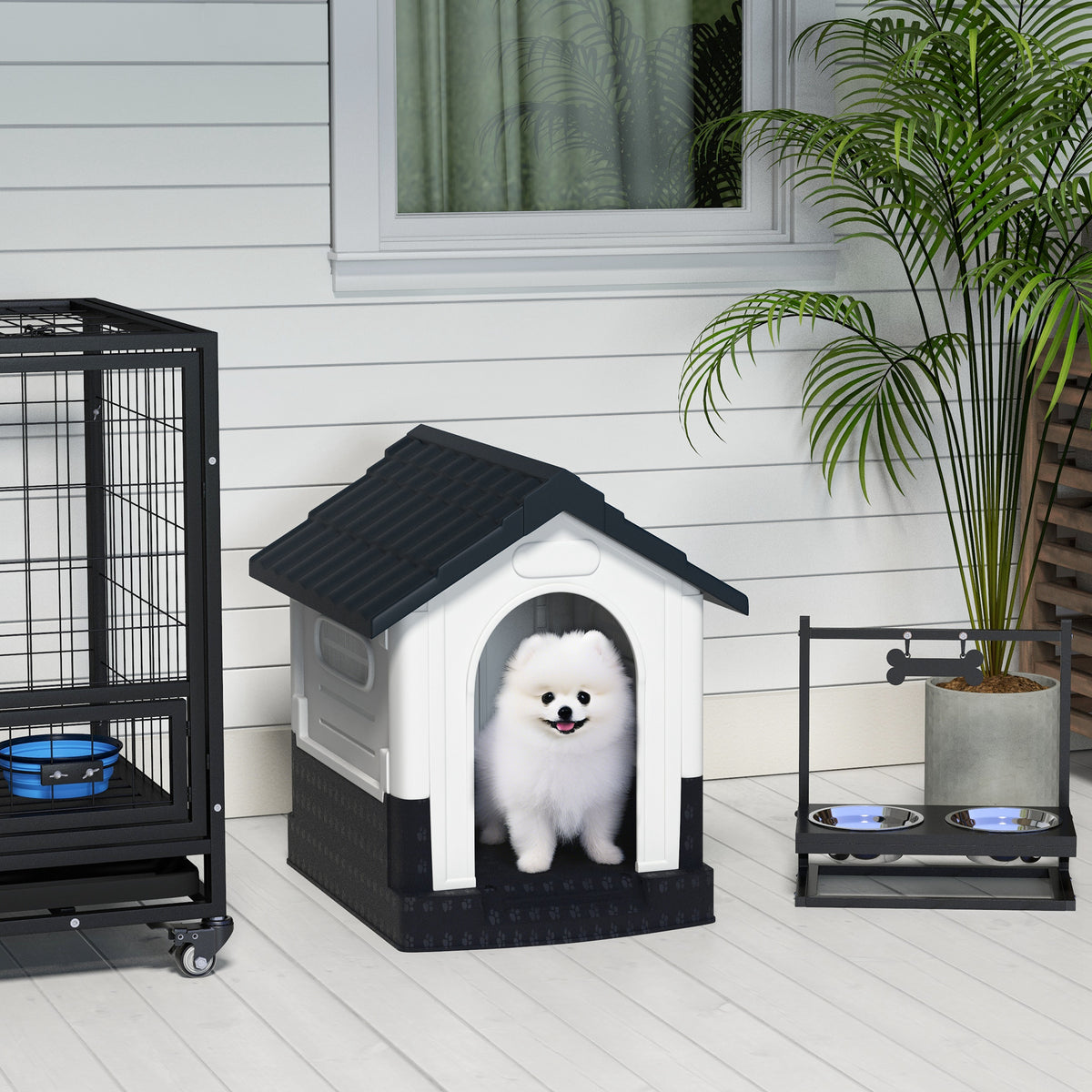 Plastic Dog Kennel with Windows, for Garden Patio, Miniature Dogs, 64.5 x 57 x 66cm - Grey