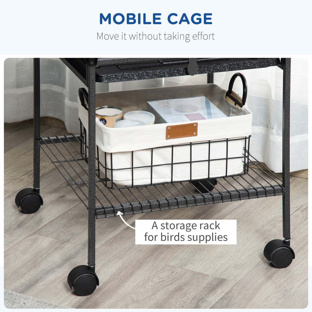156cm Bird Cage, Parrot Cage with Open Play Top, Perch, Seed Guard, Wheels, Storage Shelf, Dark Grey