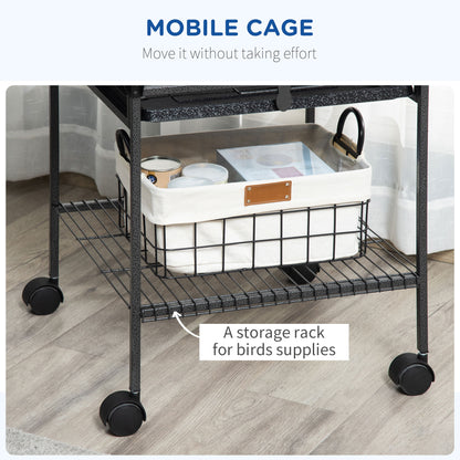 156cm Bird Cage, Parrot Cage with Open Play Top, Perch, Seed Guard, Wheels, Storage Shelf, Dark Grey