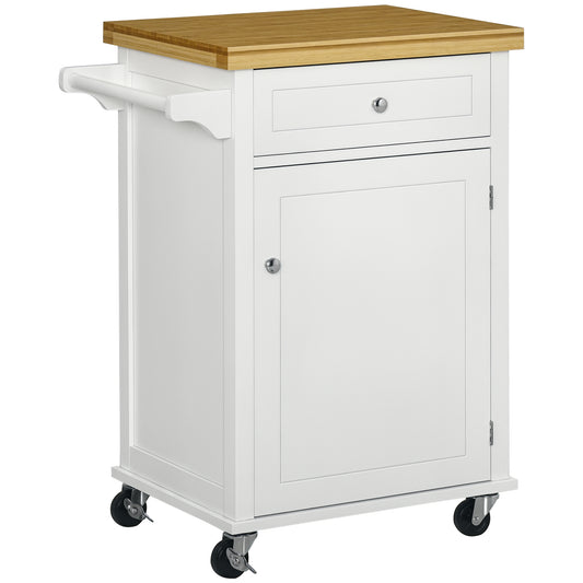 Kitchen Storage Trolley on Wheels with Bamboo Worktop, Rolling Kitchen Island Cart with Drawer and Towel Rack for Dining Room, White