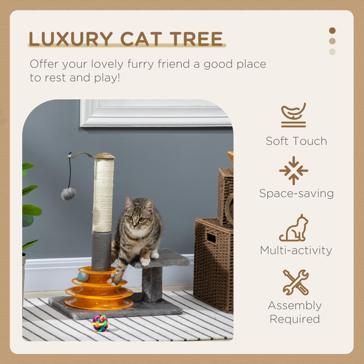 56cm Cat Tree Tower Activity Centre, Climbing Stand Kitten House Furniture w/ Scratching Posts, Toy Ball - Grey