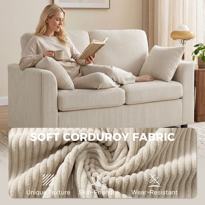 2 Seater Sofa, Corduroy Small Couch with Spring Cushion, Wide and Deep Seat