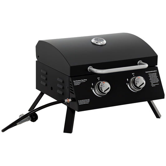 2 Burner Gas BBQ Grill, 5.8 kW Outdoor Portable Folding Tabletop Barbecue w/ Lid, Thermometer, Carbon Steel, Black