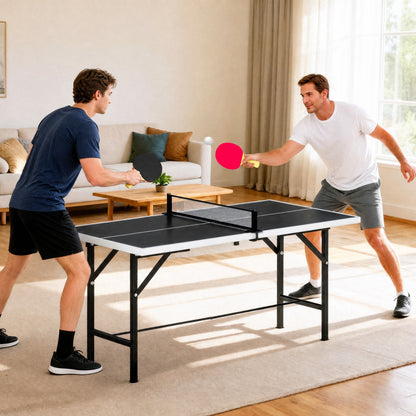 5ft Mid-Size Table Tennis Table, Ping Pong Table with Net, 2 Table Tennis Paddles and 3 Balls for Indoor Game, Black