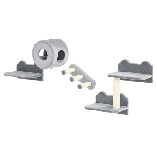 4PCs Wall-Mounted Cat Tree, with Steps, Perch, Cat House - Grey