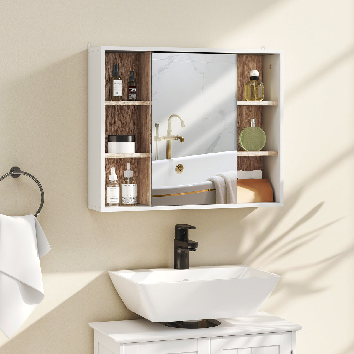 Bathroom Mirror Cabinet, Wall Mounted Storage Cabinet with Open Cupboard and Adjustable Shelf, White