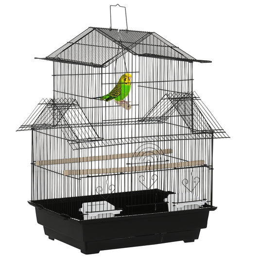 Metal Bird Cage with Plastic Swing Perch Food Container Tray Handle for Finch Canary Budgie 43.5 x 33 x 63 cm, Black