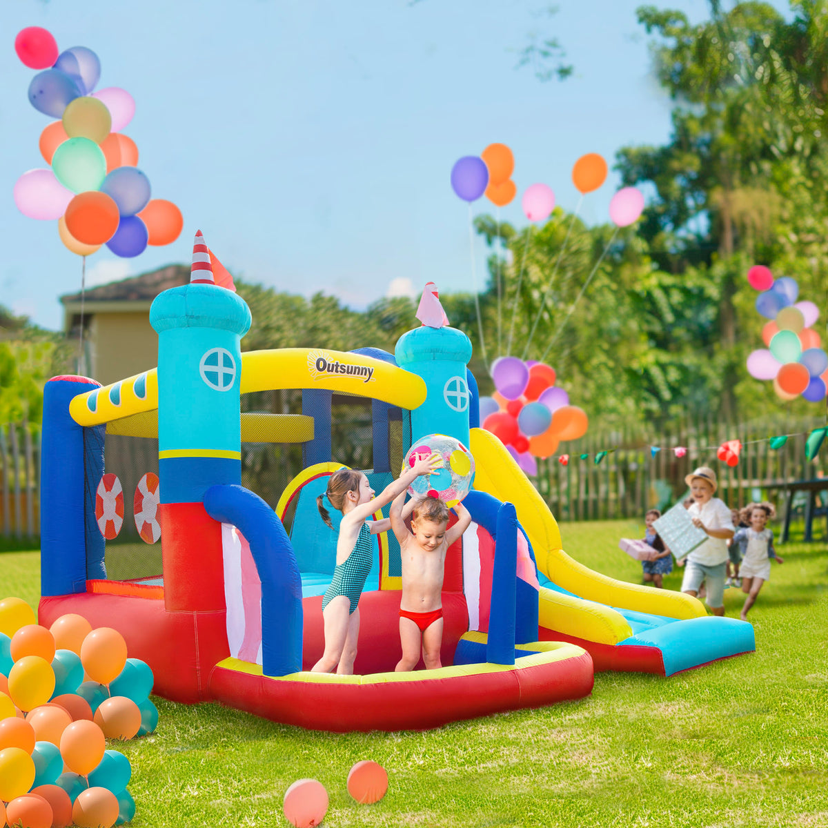 Kids Bouncy Castle, 4 in 1 Large Sailboat Style Inflatable House Slide Trampoline Water Pool Climbing Wall with Blower Carrybag for Kids Age 3-8, 2.65 x 2.6 x 2m