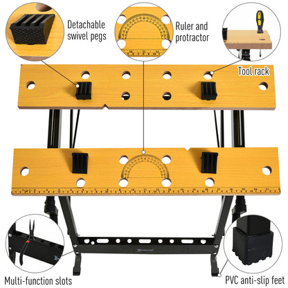 4-in-1 Work Bench, Folding Clamp Table w/ 4 Adjustable Clamping Pegs for DIY Home Garage