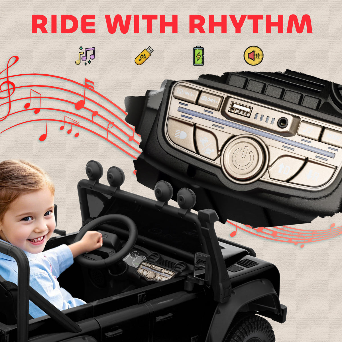 Kids Ride On Car with Remote Control, Music, Horn, 4 Spring Suspension Wheels, LED Lights for 3-5 Years Old