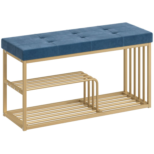 Bench and Shoe Storage, Tufted Shoe Storage Bench with Velvet Seat Cushion Gold Steel Frame for Entryway