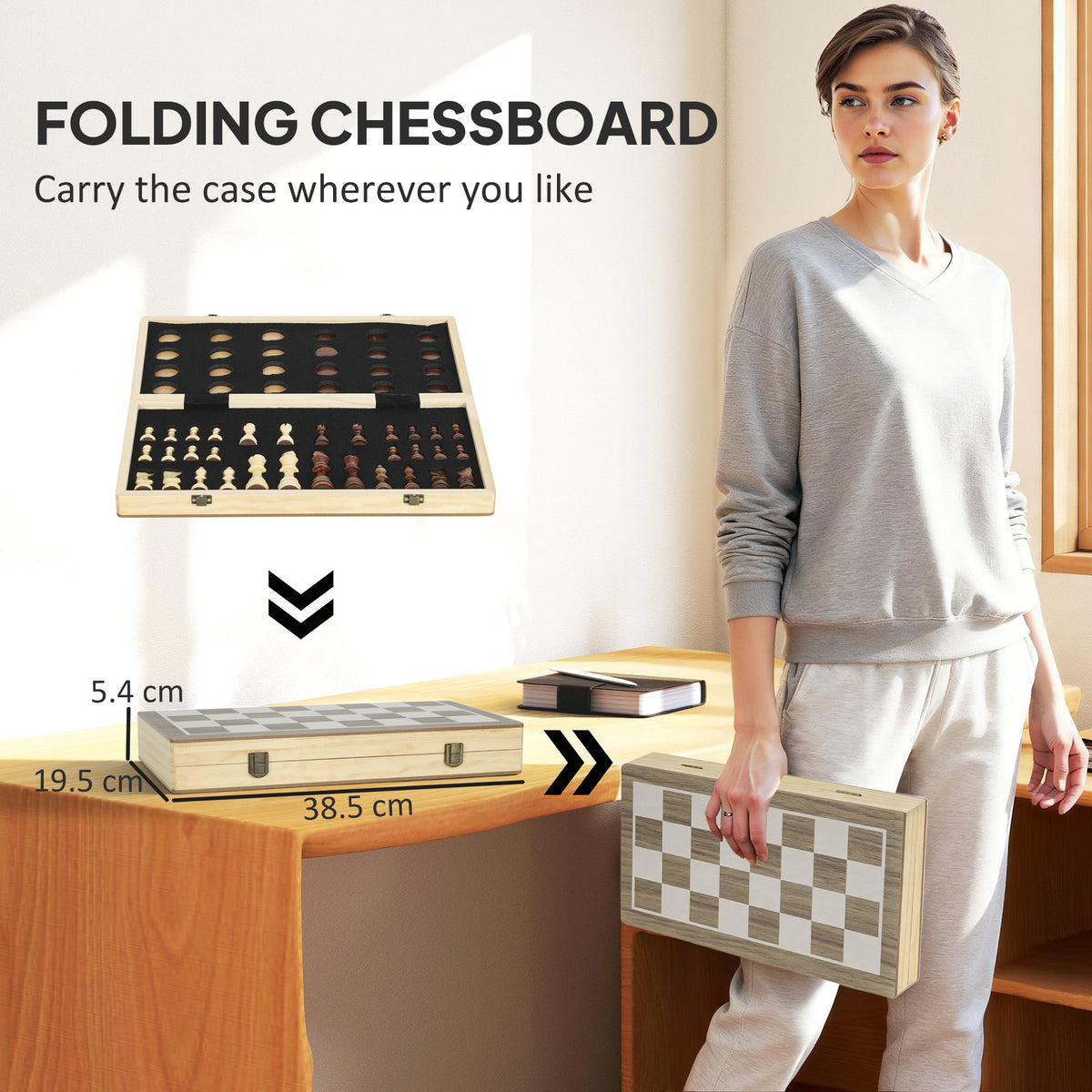 15 Inch Chess Set, Foldable Chess and Draughts Set, Brown