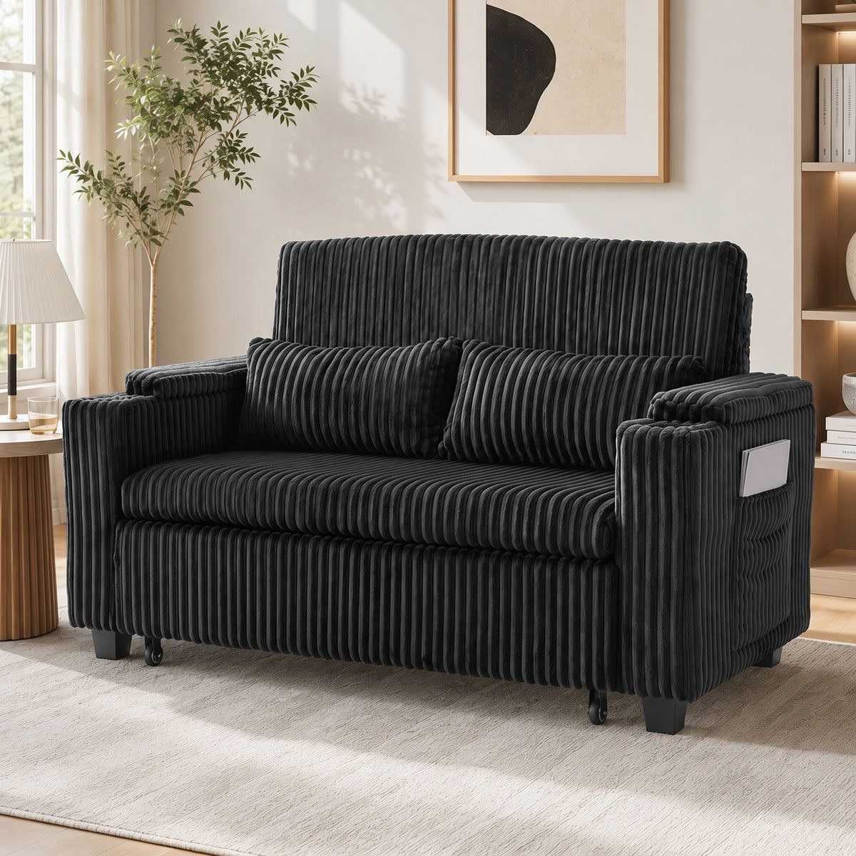 2 Seater Sofa Bed, Pull Out Sleeper Sofa w/ Adjustable Backrest, Storage Armrests, Cup Holders, Side Pockets