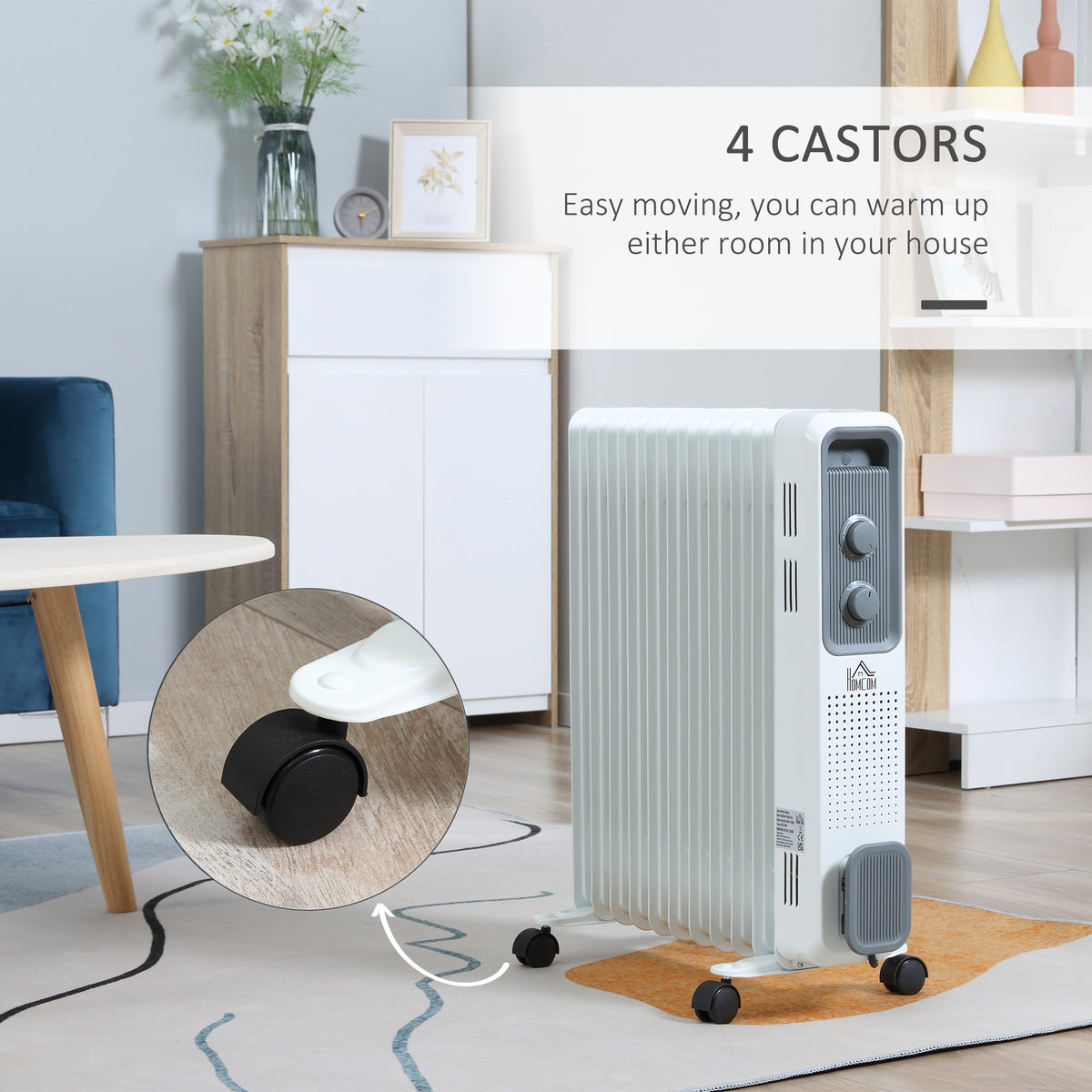 2500W Oil Filled Radiator, 11 Fin, Portable Electric Heater with 3 Heat Settings, Safety Cut-Off and Wheels