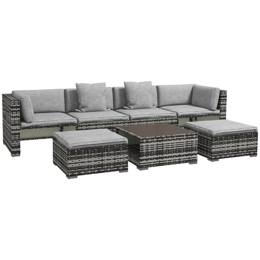 Seven-Piece Rattan Patio Furniture Set, with Cushions - Grey
