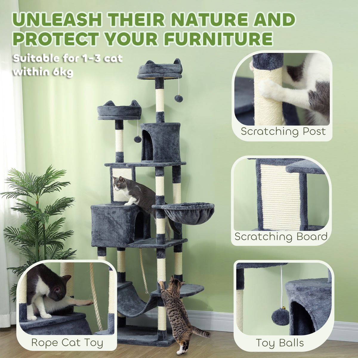 206cm Cat Tree, Multi-Level Cat Tower with Scratching Posts and Board, Beds, Condos, Platforms, Toy Balls, Dark Grey
