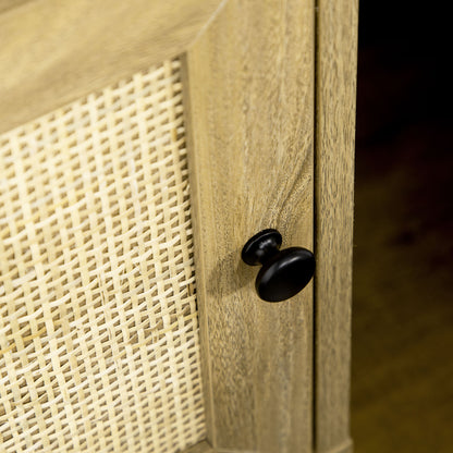 Bedside Table with Rattan Element, Side End Table with Shelf and Cupboard, 39cmx35cmx60cm, Natural