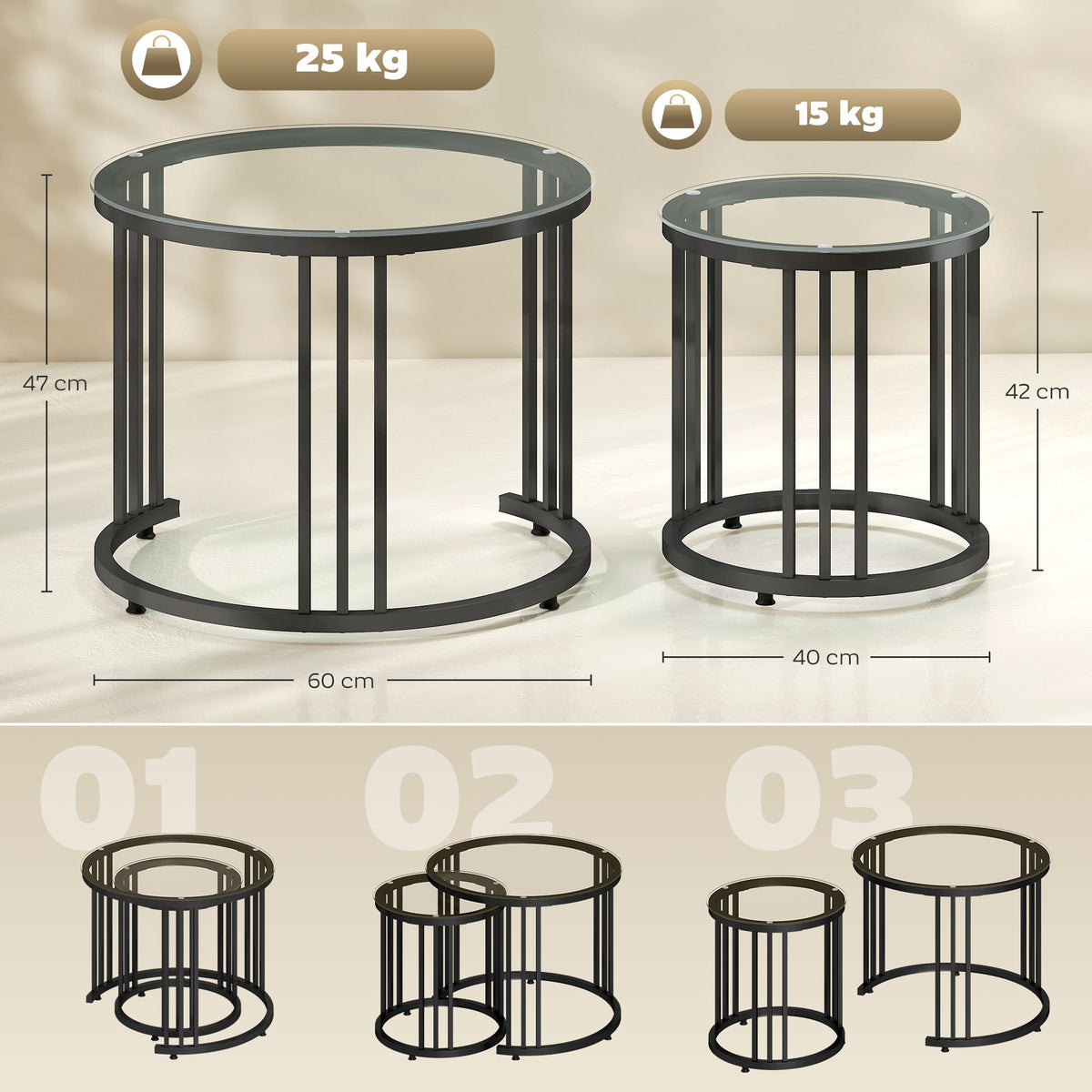 Round Coffee Tables Set of 2, Nesting Tables with Tempered Glass Top and Steel Frame, Black