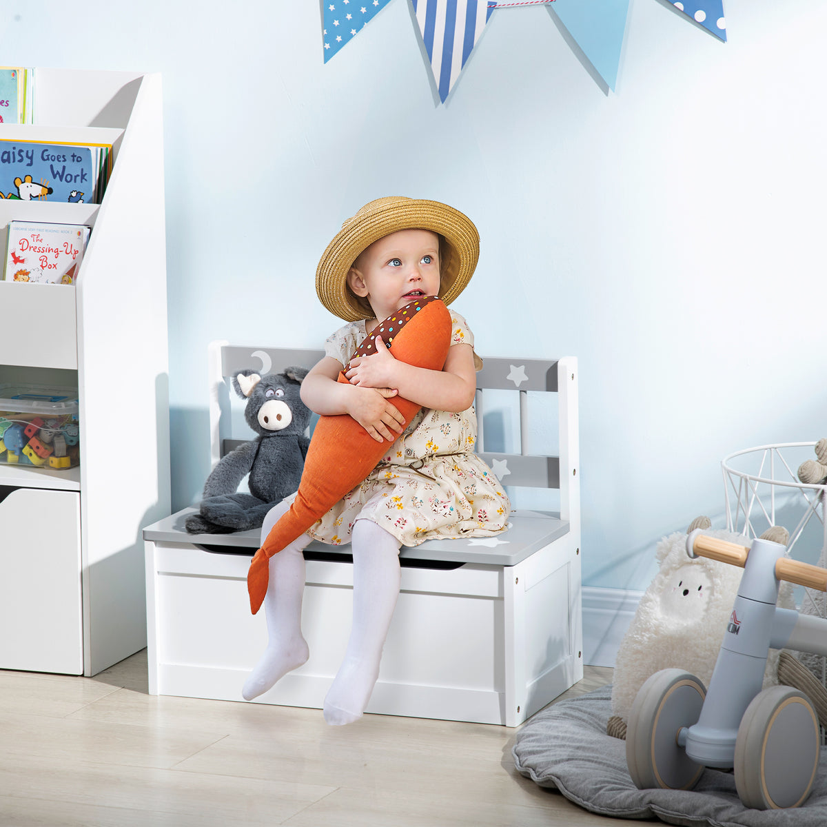 2 In 1 Kids Storage Bench, Toy Box w/ Safety Rod - Grey