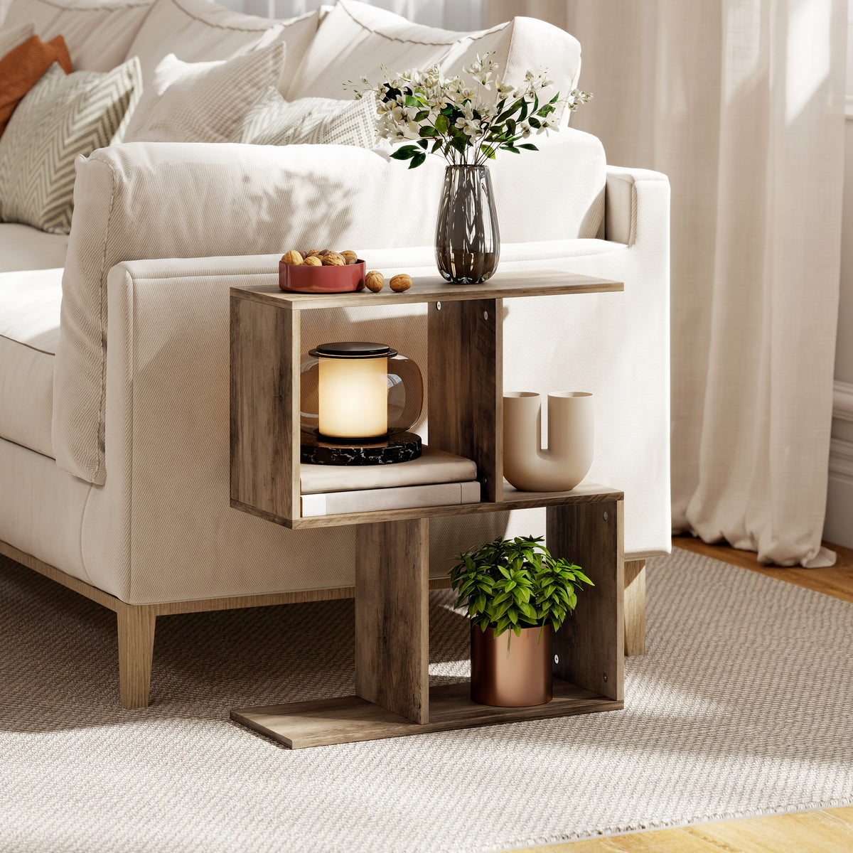 Side Table, Narrow End Table with Storage Shelves, S-Shaped, 3-Tier, 50W x 19.5D x 58H cm