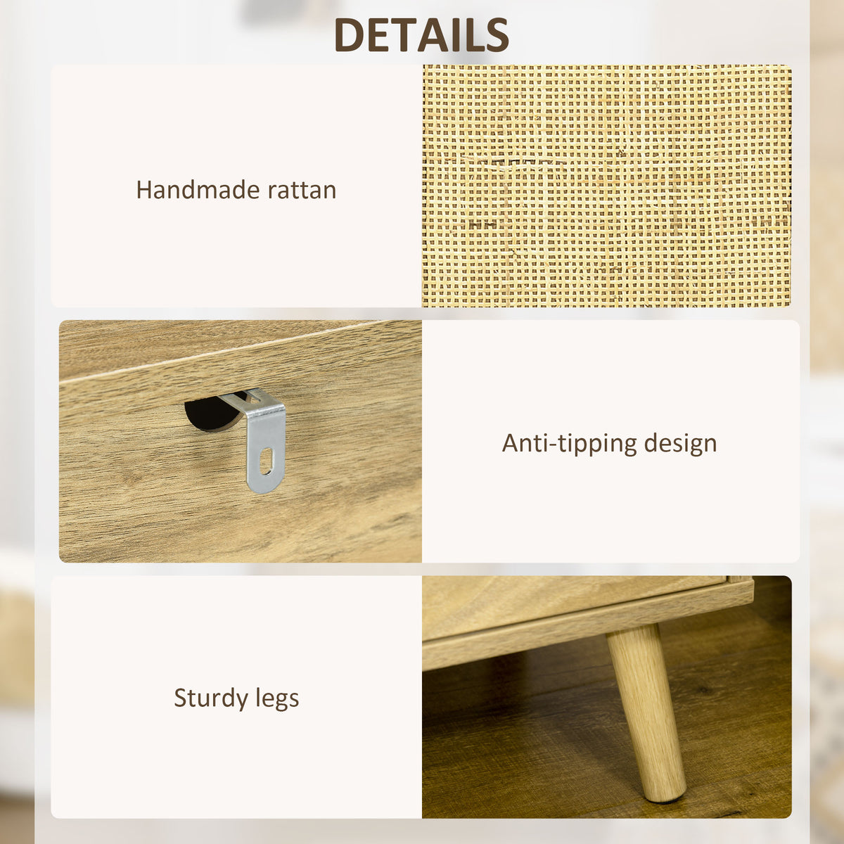 Bedside Table with Rattan Element, Side End Table with Shelf and Cupboard, 39cmx35cmx60cm, Natural