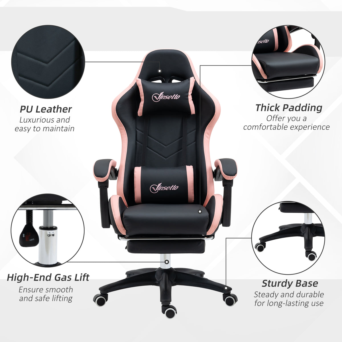 Gaming Chair, Computer Gamer Chair with Reclining High Back, Headrest, Lumbar Support, Footrest, Swivel Wheels, PU Leather, Adjustable Height for Home, Black and Pink